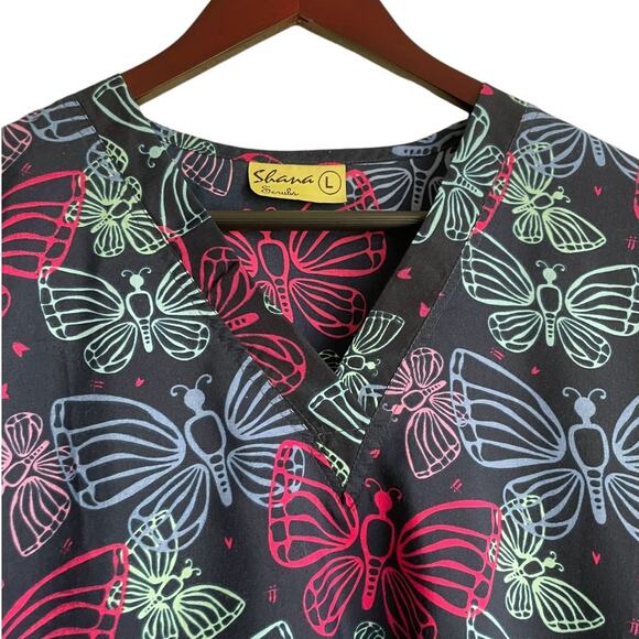 Shana Women Scrub Top L Navy Butterfly‎ Medical Uniform Nurse Workwear Dental - Picture 4 of 11